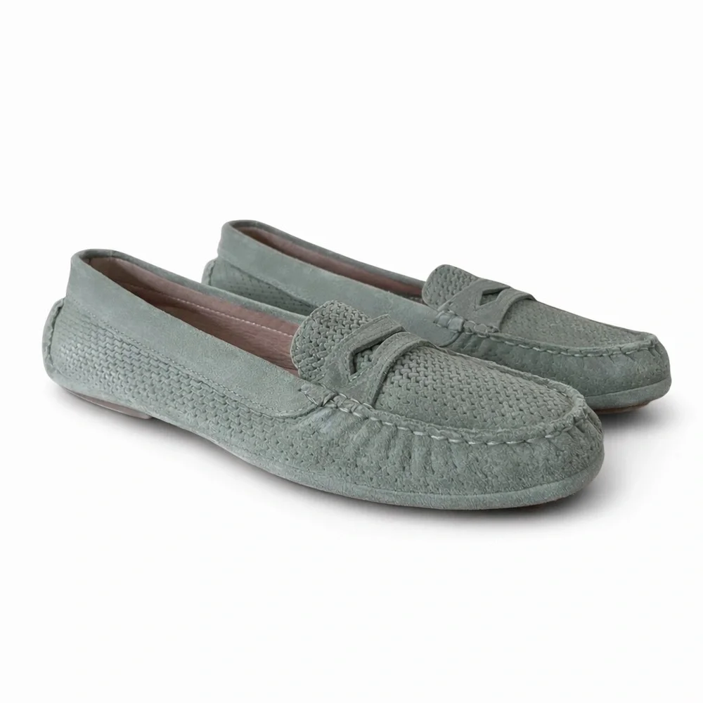 Aquatalia Mens Bruce Weatherproof Driving Shoe 9.5 Sage Green Suede Moc Loafer